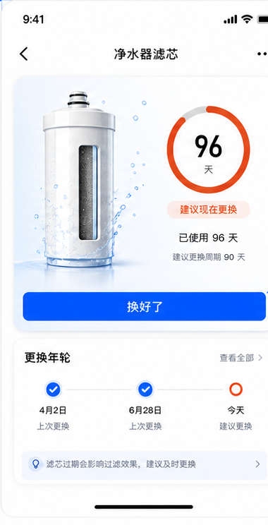 上次换真实 App 物品详情页：净水器滤芯状态圆环和更换年轮